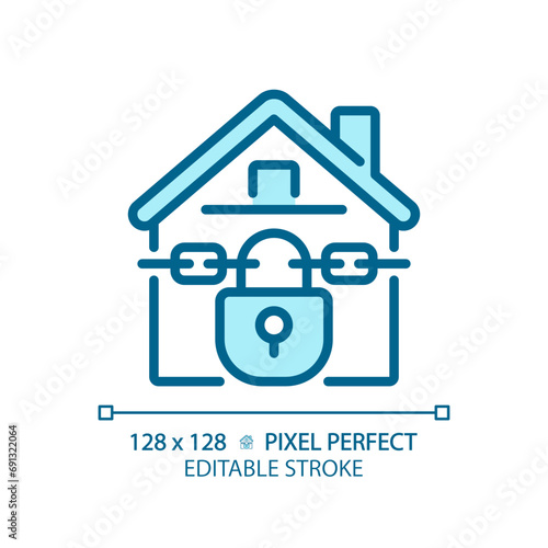 2D pixel perfect editable blue foreclosed home icon, isolated monochromatic vector, thin line illustration representing economic crisis.