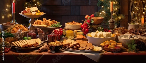 background of the festive home celebration, a table adorned with a spread of delectable food showcased an array of cheese, wheat-based dishes, and an elegant glassware display, inviting guests to