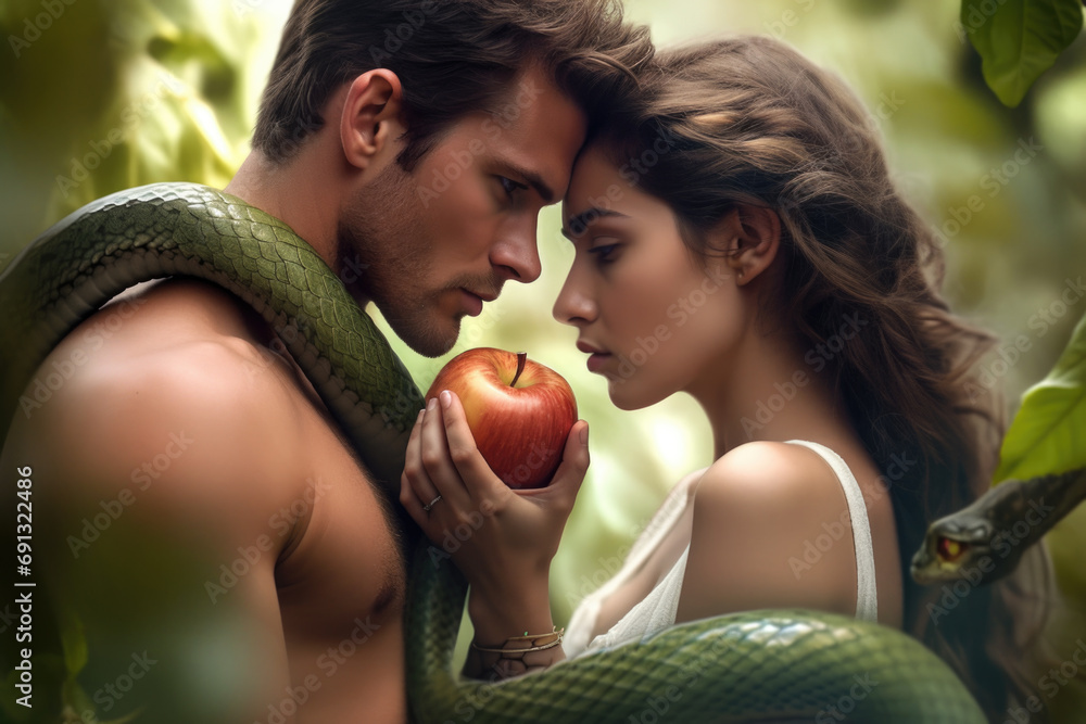 A contemporary interpretation of Adam and Eve with an apple and a serpent. - obrazy, fototapety, plakaty 