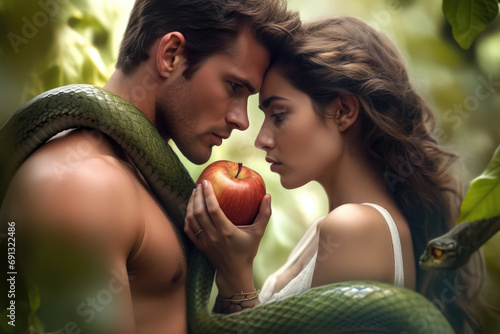 A contemporary interpretation of Adam and Eve with an apple and a serpent Fototapet
