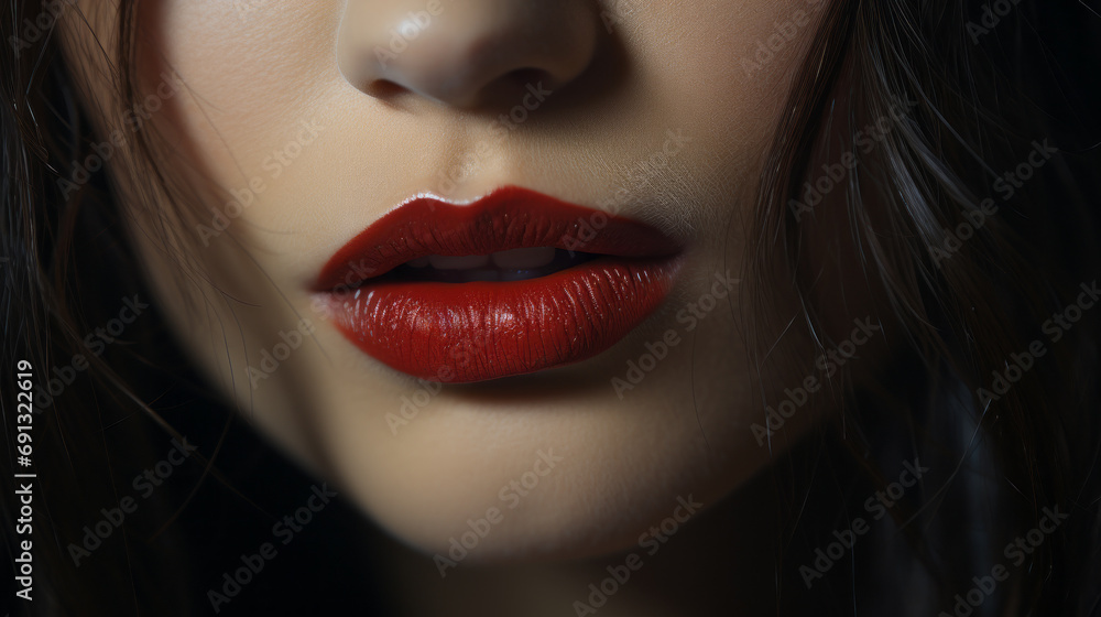 Extreme close-up of a Woman sensual mouth slightly open to see white teeth with a red shiny lipstick and long brown hair Extreme close-up of a Woman sensual mouth slightly open to see white teeth with a red shiny lipstick and long brown hair