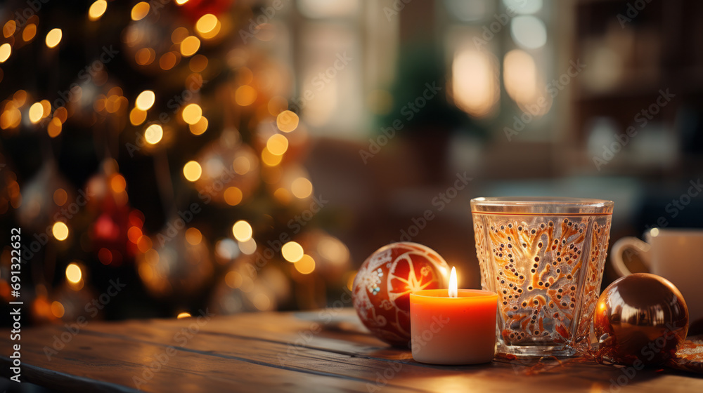 Orange Candle with some red Christmas balls put on a wood table with a blurry luminous Christmas tree in background Orange Candle with some red Christmas balls put on a wood table with a blurry luminous Christmas tree in background