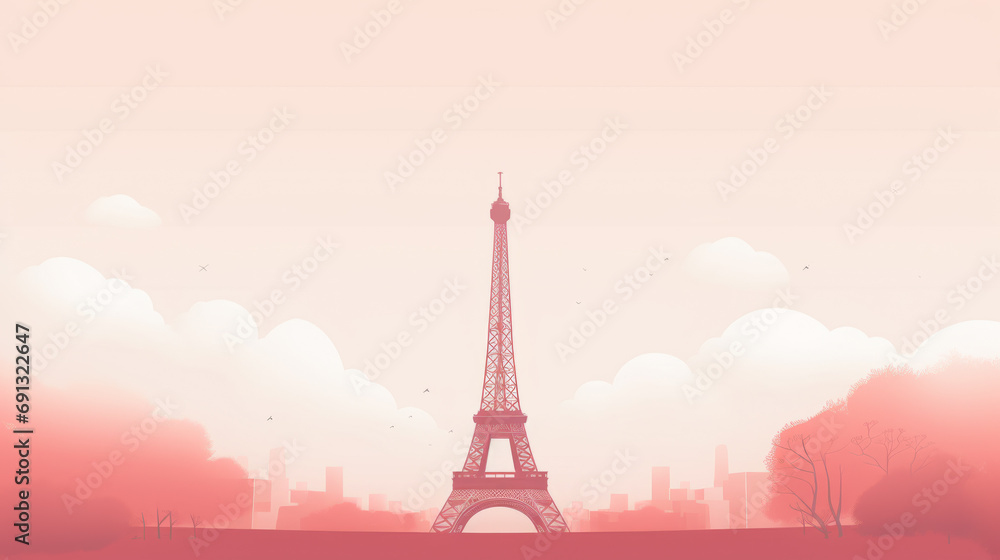 Soft red stylized sketch drawing of Paris Eiffel Tower large view in flat colors style