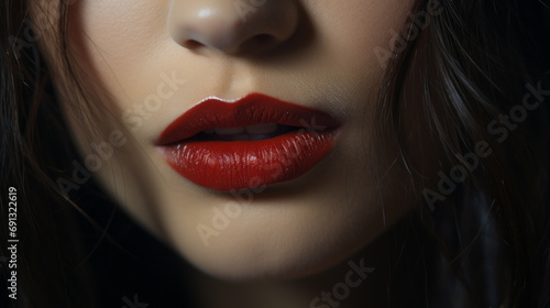 Extreme close-up of a Woman sensual mouth slightly open to see white teeth with a red shiny lipstick and long brown hair
