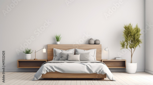 Large 3D Bedroom interior with very refined modern style and light wood with mainly white colors