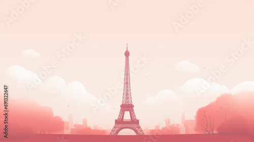 Soft red stylized sketch drawing of Paris Eiffel Tower large view in flat colors style