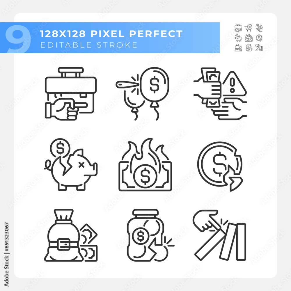 Pixel perfect simple icons set representing economic crisis, editable black thin line illustration. Pixel perfect simple icons set representing economic crisis, editable black thin line illustration.