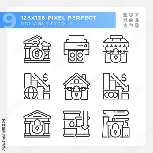Pixel perfect black icons representing economic crisis, editable thin line illustration set.