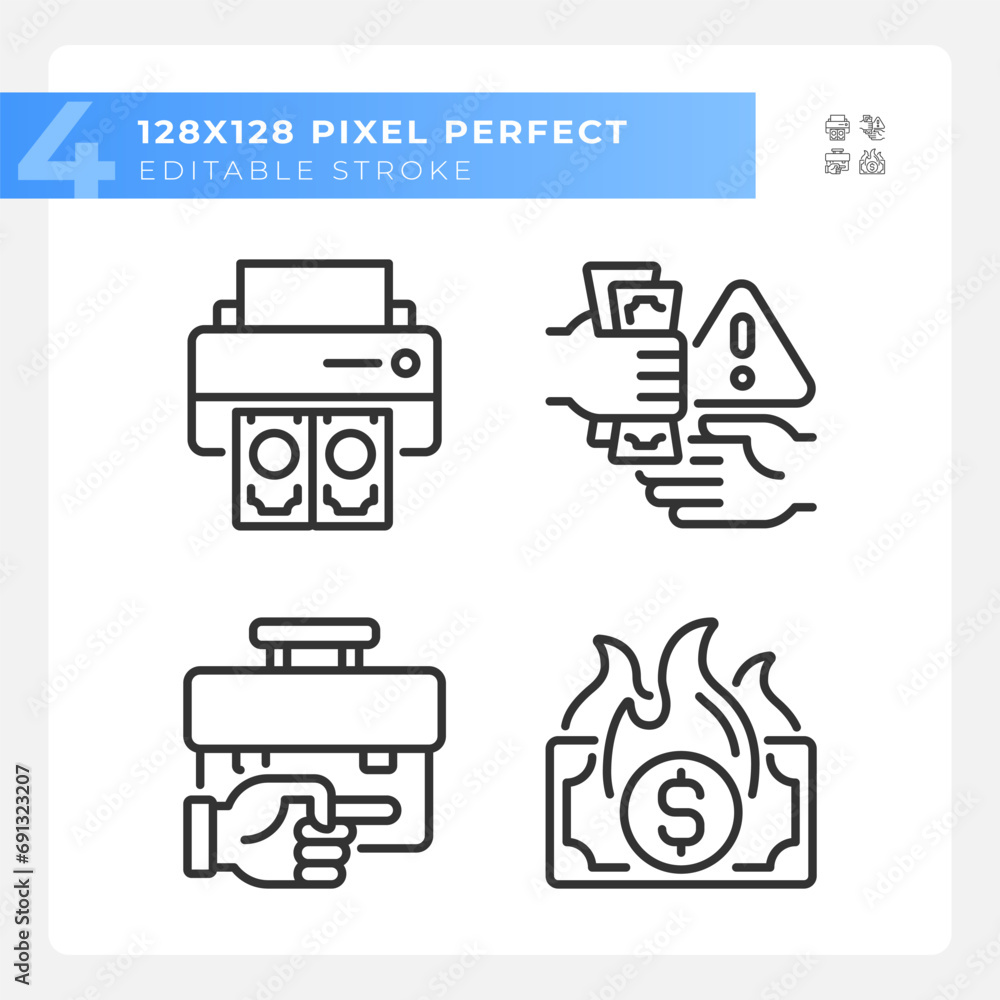 2D pixel perfect simple black icons set representing economic crisis, editable thin linear illustration. 2D pixel perfect simple black icons set representing economic crisis, editable thin linear illustration.