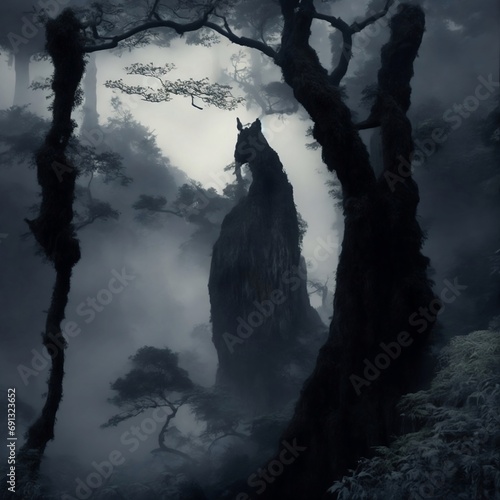 Amidst a swirling mist in a dense forest, a cloaked figure adorned with intricate Japanese motifs stands on a hill. Before them, an ancient bamboo grove emerges, the slender stalks creating a mesmeriz