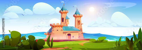Seaside castle on green island. Vector cartoon illustration of ancient medieval palace with tall towers, sea waves washing green coast with bushes and grass, sun shining and birds flying in blue sky