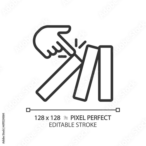 2D pixel perfect editable black tumbling dominoes icon, isolated simple vector, thin line illustration representing economic crisis.