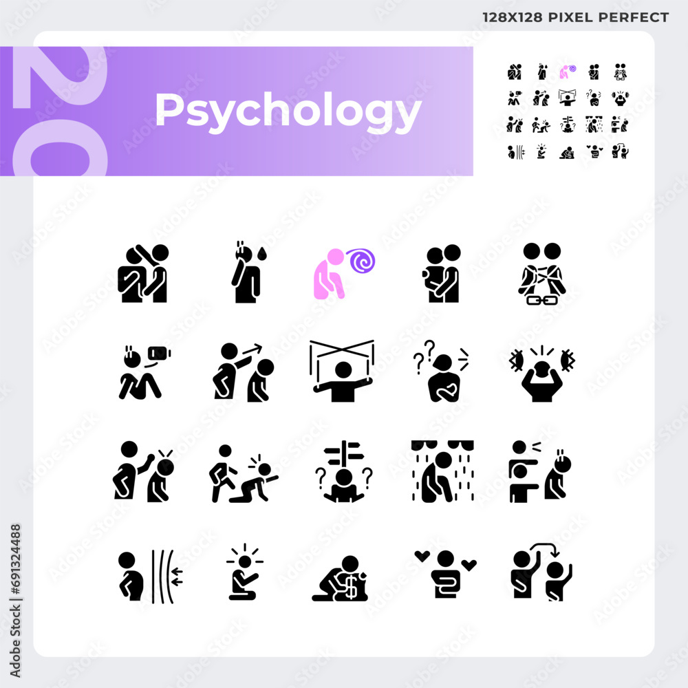 2D pixel perfect simple glyph style icons set representing psychology, silhouette illustration.