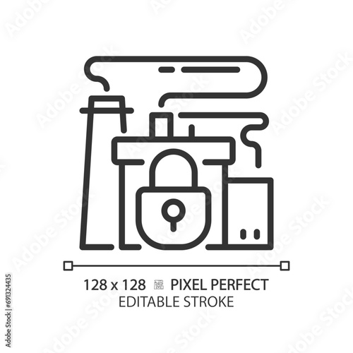 2D pixel perfect editable black closed factory icon, isolated simple vector, thin line illustration representing economic crisis.