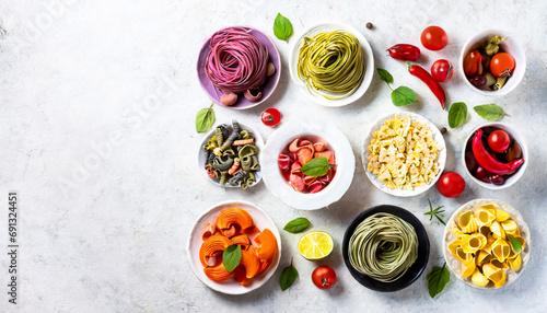 Dazzling Display  Top-View Extravaganza of Colorful Pasta Delights on Spaghetti Day