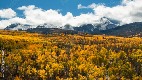 Time Lapse Kebler Pass cinematic Crested Butte Gunnison Colorado seasons crash early fall aspen tree red yellow orange forest winter first snow cold morning clouds rolling Rocky Mountain peaks zoom photo