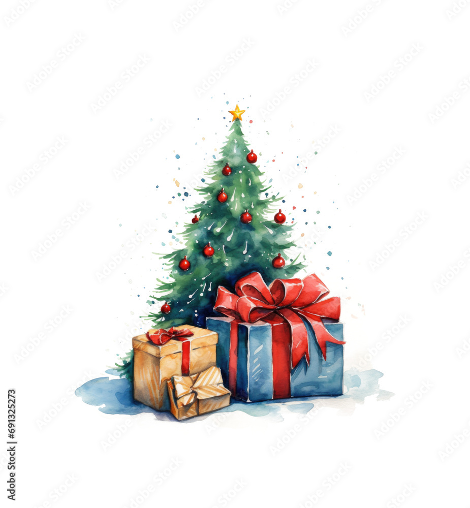 watercolor christmas tree and christmas gifts, fir tree, transparent on white background PNG.