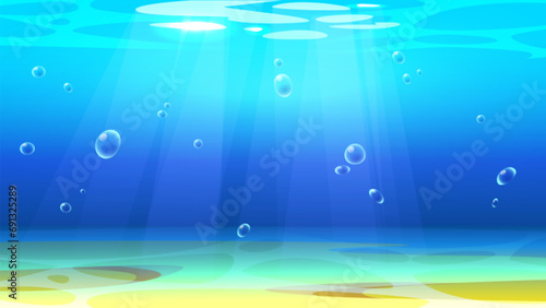 Sandy seabed under water layer with bubbles and rays of sunlight. Cartoon vector sea or ocean underwater landscape with blue clear aqua deep with empty bottom and reflections on surface.
