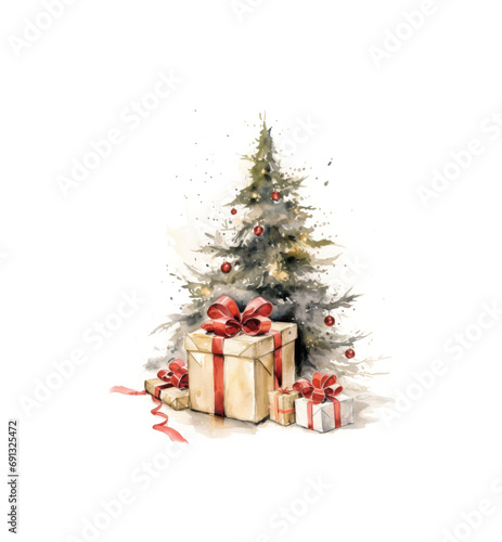 watercolor christmas tree and christmas gifts  fir tree  transparent on white background PNG.