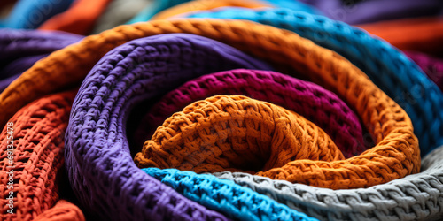 Vibrant multicolored crocheted blankets in a close up view, showcasing textures and patterns in a cozy, intertwined heap