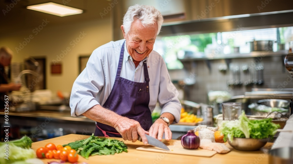 A couple in their 70s takes a cooking class together, chopping vegetables at a counter.