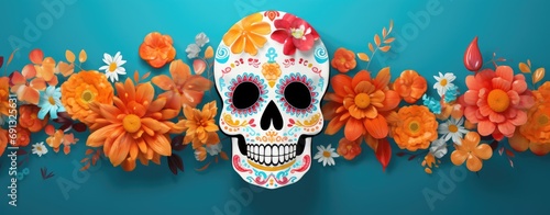 a colorful sugar skull with flowers hung on a blue backdrop