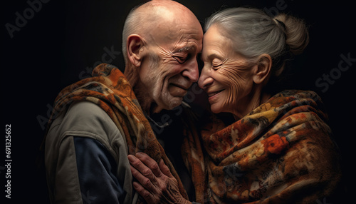 An older man and woman embracing with dark background, Generative AI. © Suralai