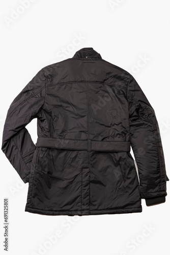 Upper View of Flatlay of Back Side of Mens Textile Warm Winter Black Jacket Isolated on White Background. © danmorgan12