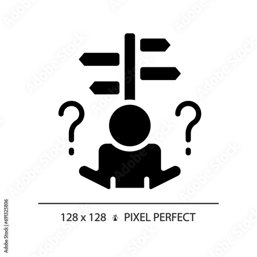 2D pixel perfect glyph style indecisiveness icon, isolated vector, silhouette illustration representing psychology.