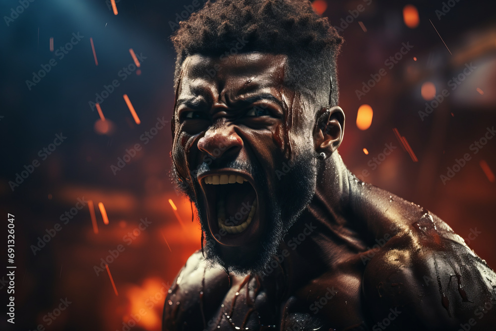 Black boxing man passionately screaming in the ring after fighting ...