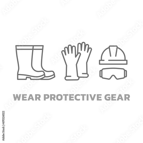 Wear protective gear and clothing icons. Hardhat with goggles, gloves and boots, work wear icon set. Editable stroke.