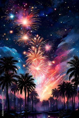 Fireworks New Year celebration in a tropical landscape. Beach Party celebration
