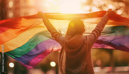 People with diverse sexualities People waving rainbow flags behind the sun ,generative ai