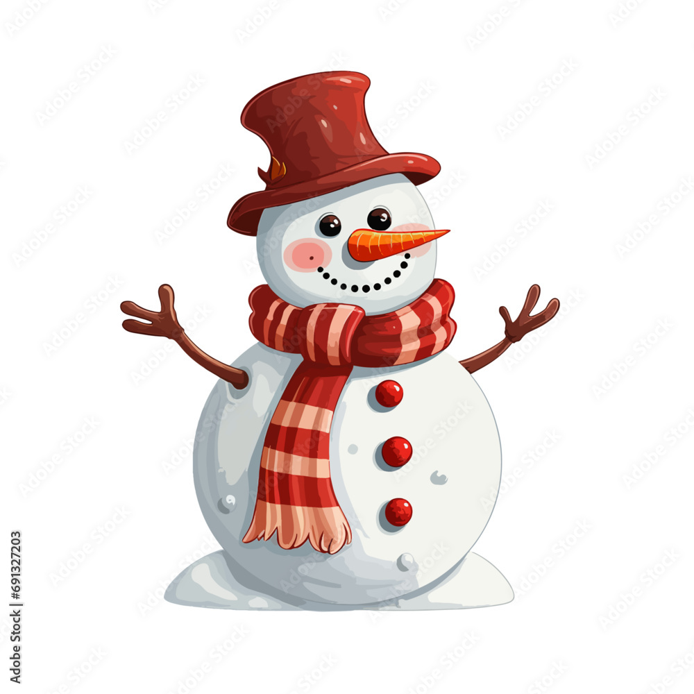 vector snowman in a hat and in a red scarf without background for Christmas postcards cartoon character style