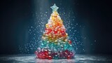 Neon lights fantasy Christmas Tree Background. Merry Christmas, Happy New Year concept. Illustration for postcard, banner, wallpaper, backdrop, web, card.