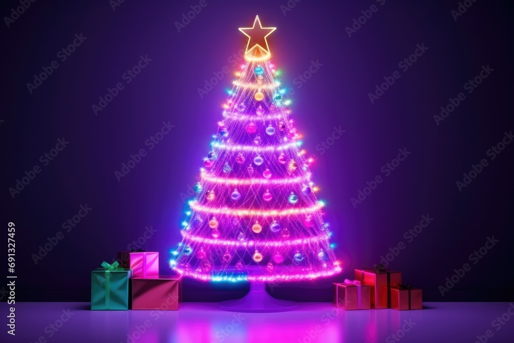Fototapeta premium Neon lights fantasy Christmas Tree Background. Merry Christmas, Happy New Year concept. Illustration for postcard, banner, wallpaper, backdrop, web, card.