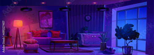 Modern living room in night apartment. Vector cartoon illustration of home interior in scandinavian style, cozy dark house interior with furniture and large window, cushions on sofa, floor lamp light