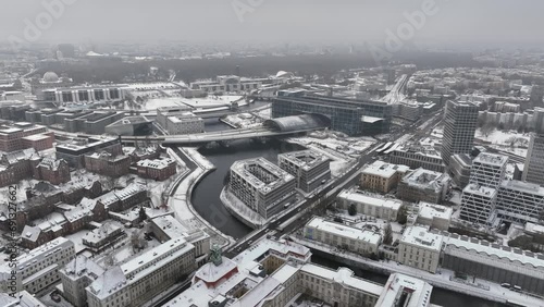 Berlin Central Rail Way Station at Winter from Above. Capital of Germany, Aerial winter cityscape of Berlin Hauptbahnhof photo