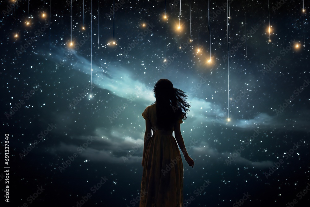Silhouette of a woman with Milky Way starry skies. stars are falling