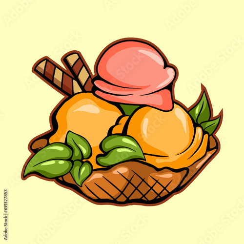 vector illustration of ice cream waffle cartoon hand drawn isolated on a white background