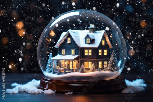 Magical glass ball with tiny modern cozy winter house inside on festive Christmas background. Gift dream for New Year. Insurance, moving, mortgage, rent and purchase real estate