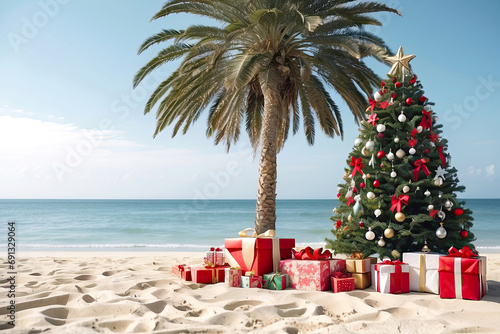 glowing Christmas tree with gift boxes on the ocean with palm trees. A tourist trip for Christmas and New Year to tropical countries, a vacation at the sea. Copy space.