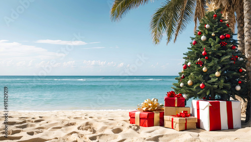 glowing Christmas tree with gift boxes on the ocean with palm trees. A tourist trip for Christmas and New Year to tropical countries, a vacation at the sea. Copy space. © Ольга Симонова