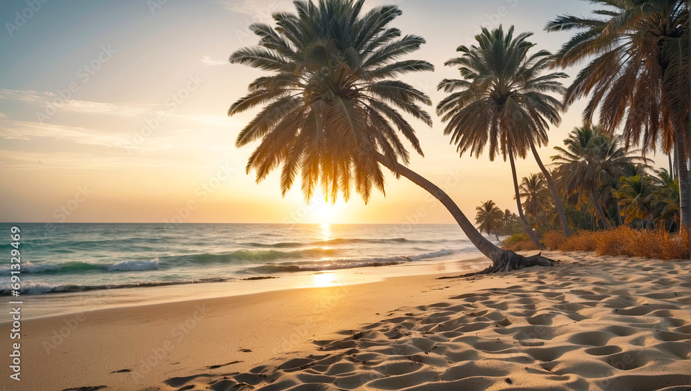 Palm tree on the sandy beach sea at sunset. Paradise Beach, vacation in a tropical country, Travel tour to the resort