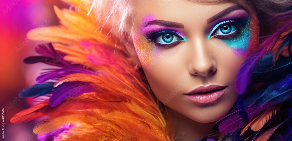a lady with multicolored feather makeup posing with colorful