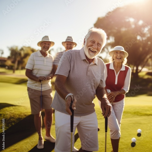 A group of friends in their 60s and 70s play a game of golf on a sunny day