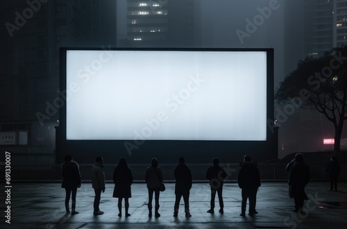 a group of people are in front of an empty billboard