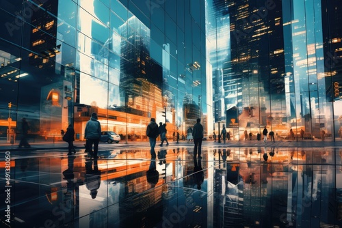 a large city at night with tall buildings in a busy public place