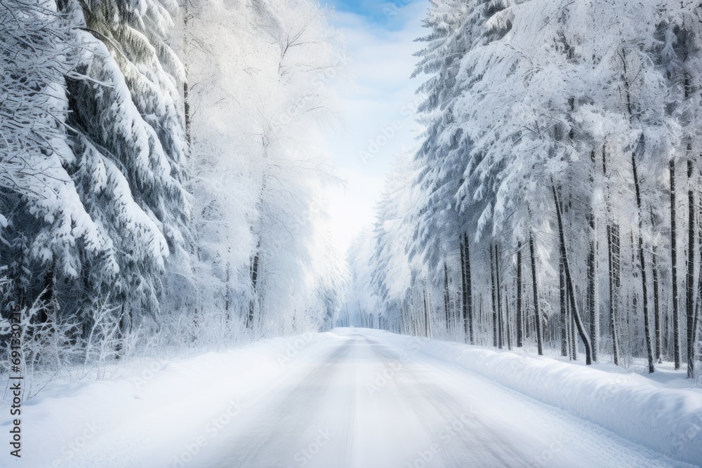Obraz premium Automobile road through a winter forest covered with snow.
