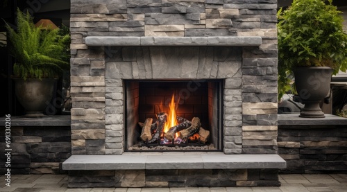 Stone gas fireplace in the garden in the outdoor kitchen photo